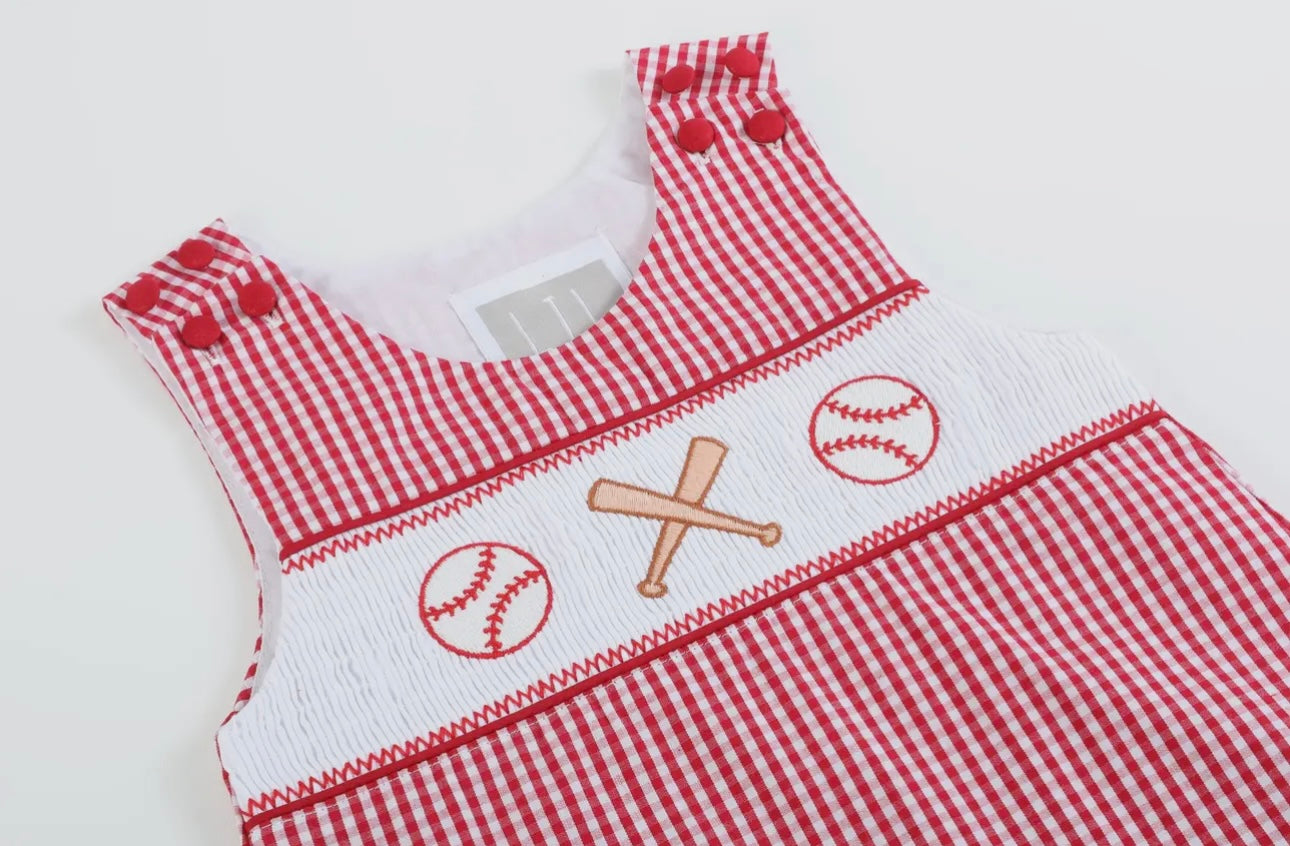 Gingham Baseball Smocked Shortalls