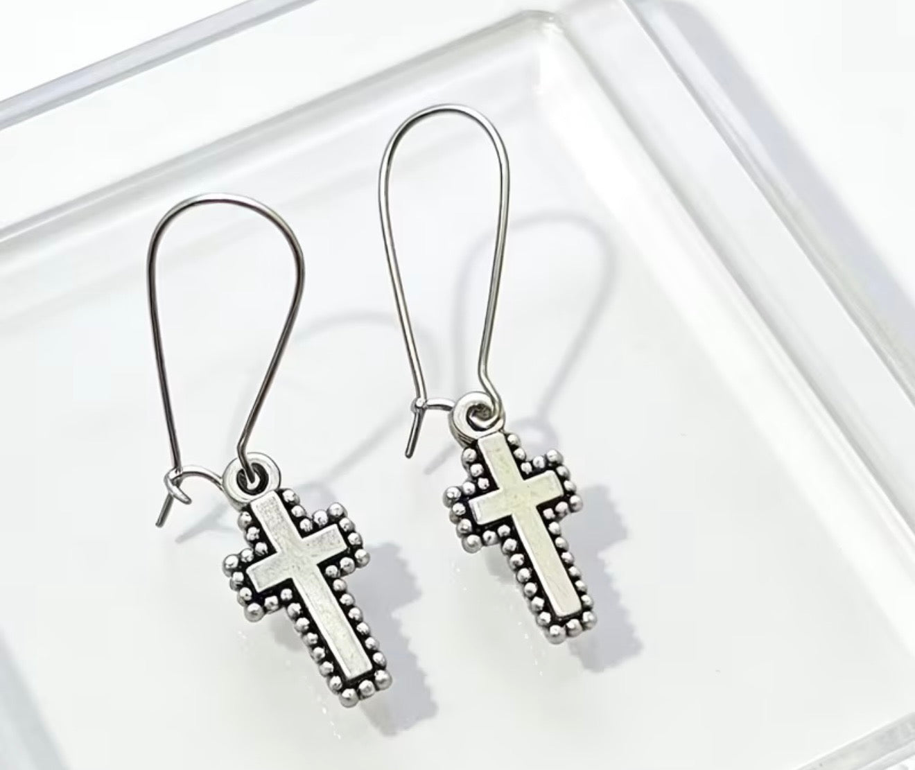 Silver Colored Cross Dangle Earrings